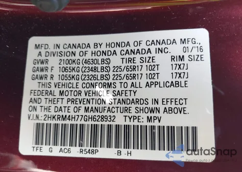 2016 Honda Cr-V Ex-L from USA, damaged, VIN 2HKRM4H77GH628932